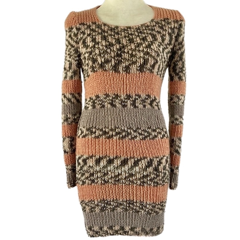 HANDMADE home knitted long sleeve ribbed Dress body-con Tan beige - Picture 1 of 10